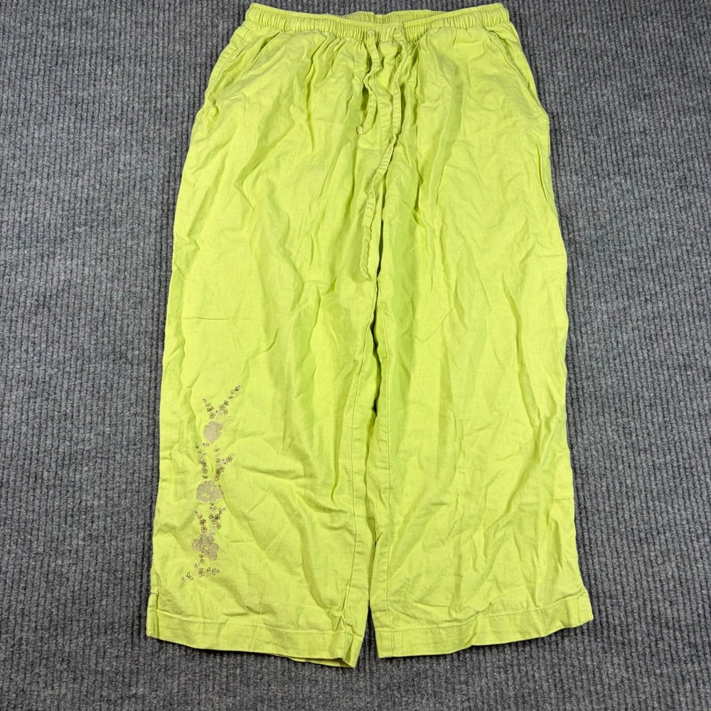 Erika Pants Womens M Lime Green Linen Blend Pull On Crop Floral Embroidery